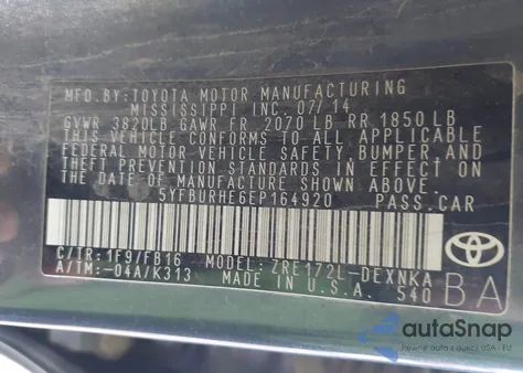 2014 Toyota Corolla Le из США, поврежденный, VIN 5YFBURHE6EP164920